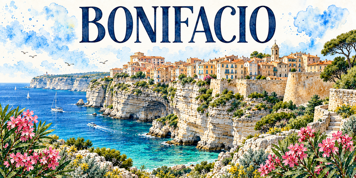 Illustration aquarelle de Bonifacio : falaise de calcaire blanc, haute ville et maisons crème posées au bord du vide, mer turquoise, voiliers, grand pin parasol, escalier taillé dans la roche et lauriers-roses