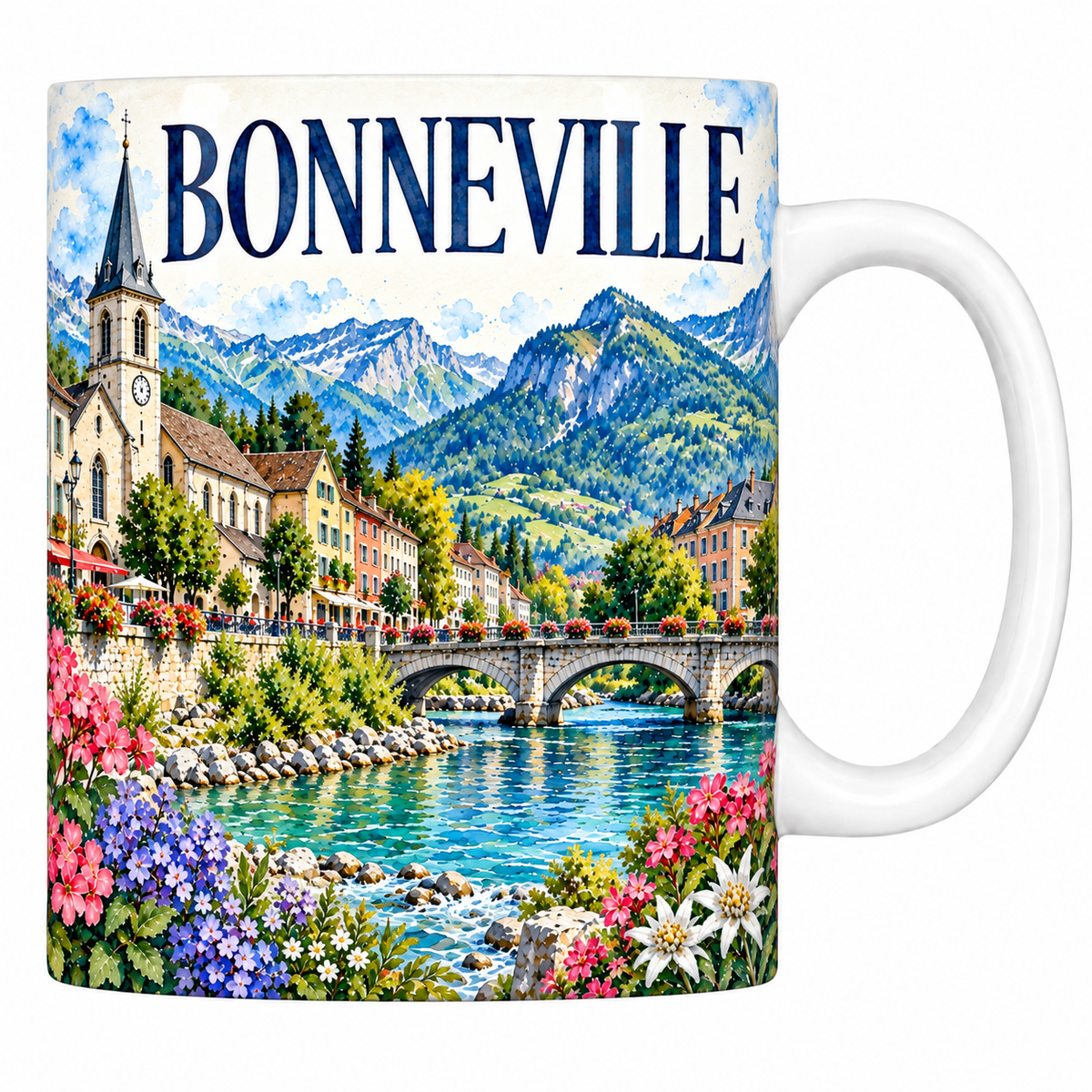 Mug blanc en céramique 330 ml illustré Bonneville à l'aquarelle : clocher, l'Arve, pont de pierre et sommets du Bargy