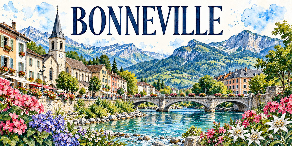 Illustration aquarelle de Bonneville : clocher élancé à horloge, façades claires du quai, l'Arve vert glacier, pont de pierre à deux arches, sommets rocheux de la chaîne du Bargy, sapins, hortensias et edelweiss