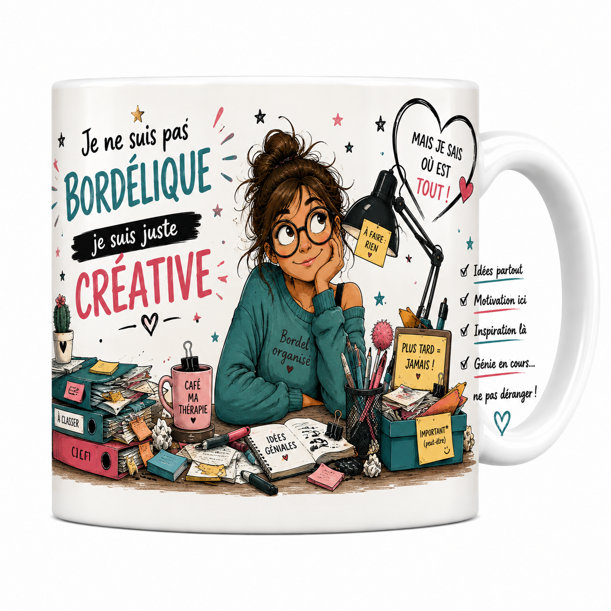Mug Je ne suis pas bordélique juste créative 330 ml, bureau aux post-it colorés