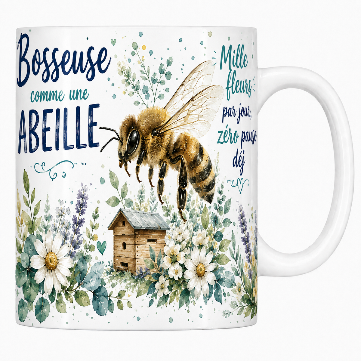 Mug céramique blanc « Bosseuse comme une abeille », abeille et ruche de bois à l'aquarelle