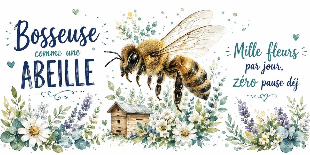 Abeille en vol au-dessus de sa ruche à l'aquarelle : « Bosseuse. Mille fleurs par jour, zéro pause déj »