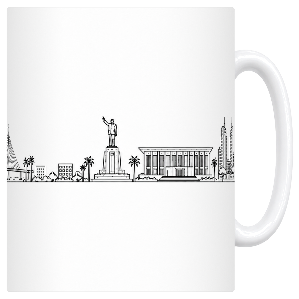 Mug blanc en céramique 330 ml illustré du skyline de Brazzaville au trait noir : le pont à haubans, la statue sur son socle, le palais à colonnade et les tours du centre