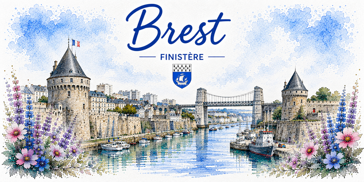 Design du mug Brest à l'encre bleue : château sur la Penfeld, pont de Recouvrance, remorqueurs et roses trémières