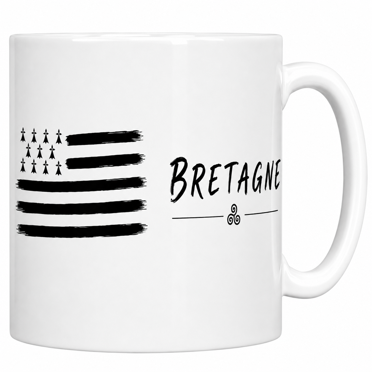 Mug Bretagne en céramique blanche, drapeau Gwenn ha Du au pinceau, hermines et triskell