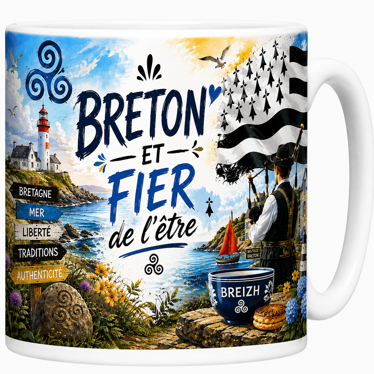 Mug Breton et fier de l'être en céramique, phare, drapeau Gwenn ha Du et sonneur de biniou