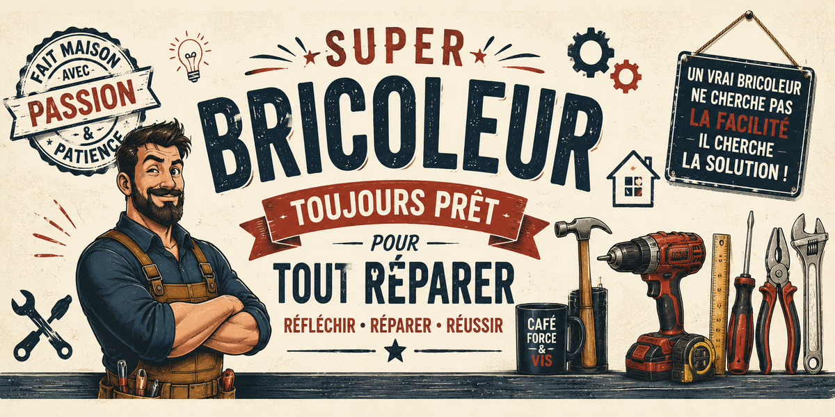 Visuel « Super bricoleur — réfléchir, réparer, réussir » : homme en salopette, perceuse, marteau, clés