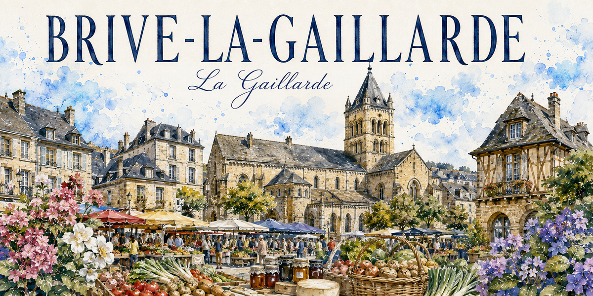 Visuel aquarelle « BRIVE-LA-GAILLARDE — La Gaillarde » : collégiale, étals du marché et maison à tourelle