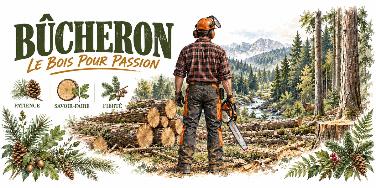 Aquarelle bûcheron : le mot BÛCHERON en capitales vert foncé et la mention manuscrite Le Bois pour Passion, un bûcheron en chemise à carreaux rouge, casque forestier orange à visière grillagée et pantalon de sécurité, vu de dos, tronçonneuse à la main, pile de grumes fraîchement coupées, futaie de conifères et montagnes au loin, trois vignettes — branche de pin patience, rondelle de bois et ses cernes savoir-faire, rameau fierté — et une bordure de pommes de pin et de houx