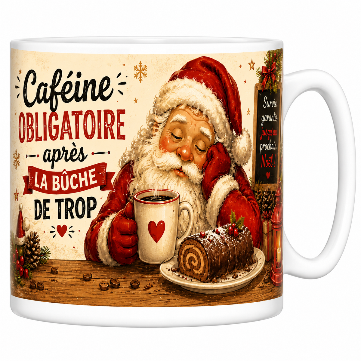 Mug céramique blanc « Caféine obligatoire après la bûche de trop » avec Père Noël repu