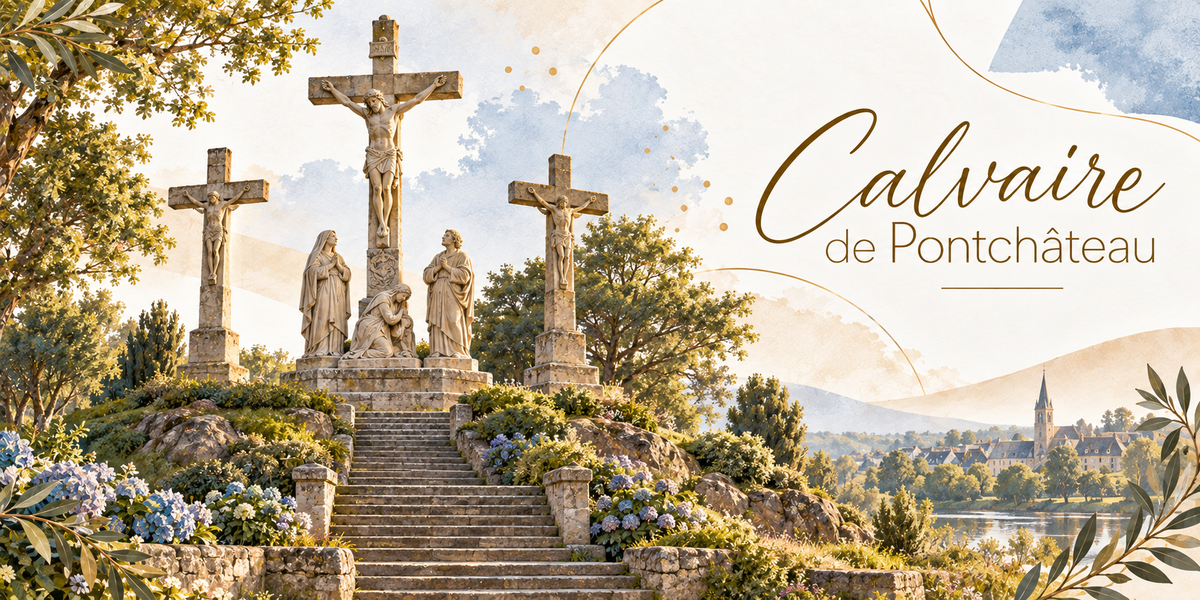 Visuel aquarellé du calvaire de Pontchâteau, ses trois croix de pierre dressées au sommet de la butte, le Christ en croix au centre encadré de deux statues et des deux larrons de part et d'autre, le large escalier de pierre qui y monte, des massifs d'hortensias bleus et blancs de chaque côté, les arbres et le clocher du village au loin, un étang à l'horizon, des feuillages d'olivier en bordure et le titre Calvaire de Pontchâteau en lettres dorées