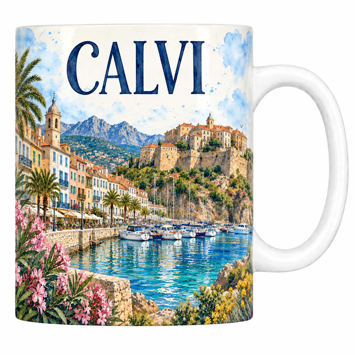 Mug céramique 330 ml Calvi : la citadelle génoise au-dessus du port en aquarelle