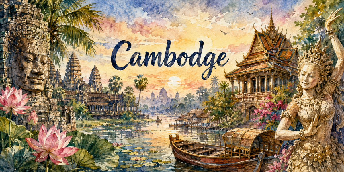Visuel Cambodge aquarelle : Angkor Vat, visage du Bayon, Palais royal, apsara et lotus