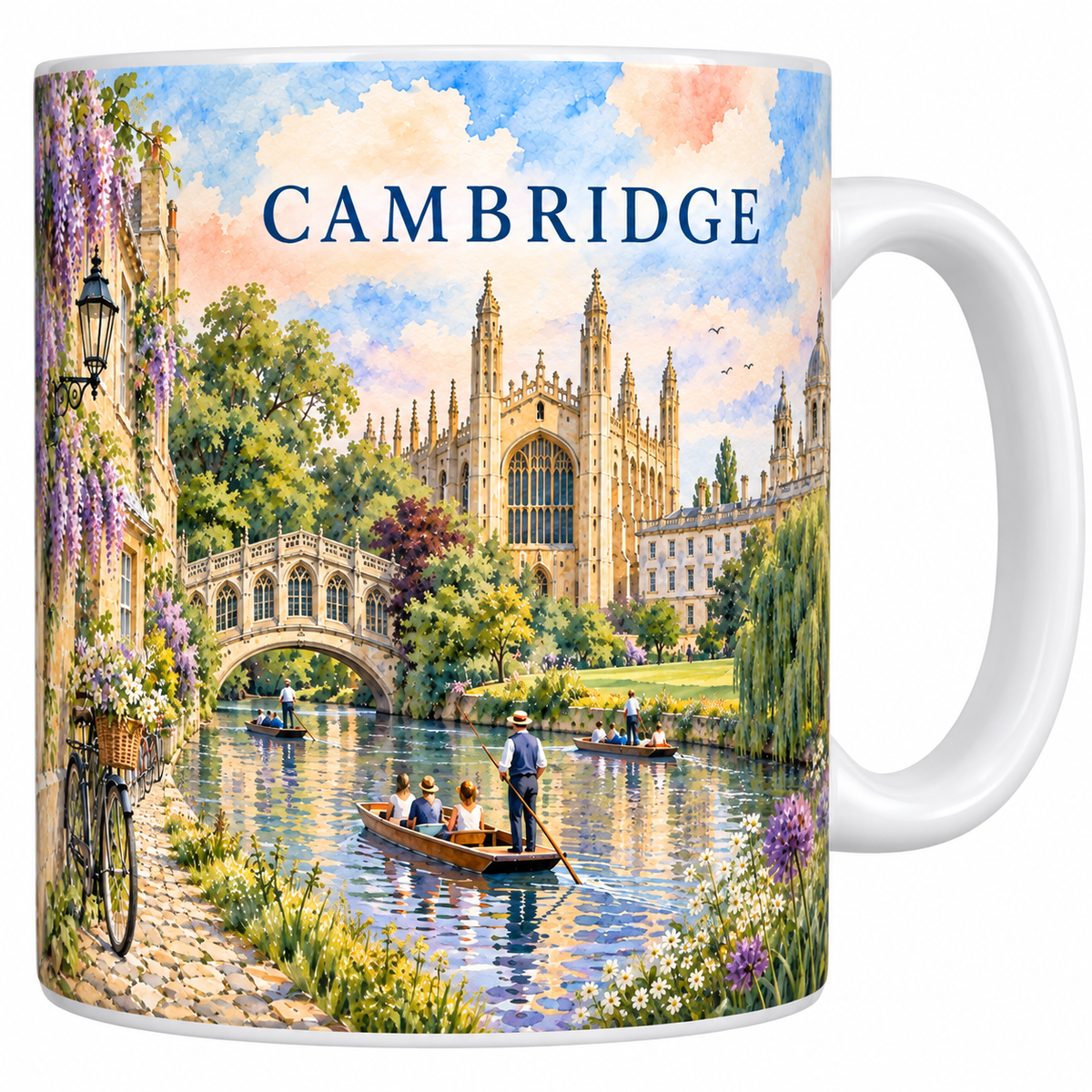 Mug blanc Cambridge aquarelle avec King's College, la Cam et les punts
