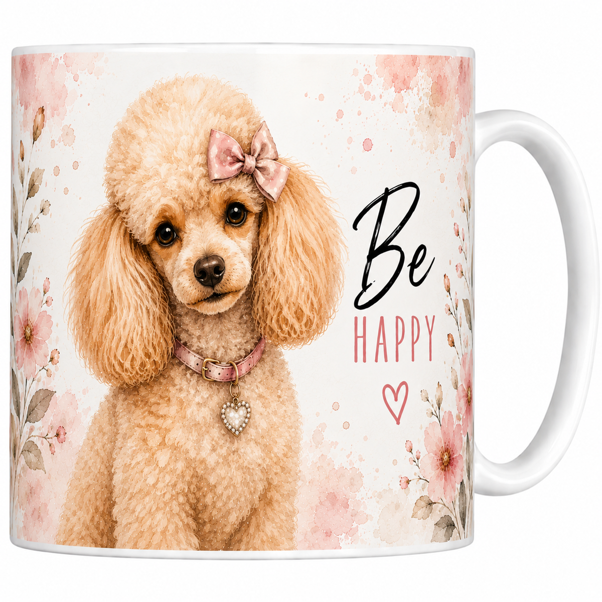 Mug céramique 330 ml caniche Be Happy : caniche abricot à nœud rose et collier de perles, fleurs roses