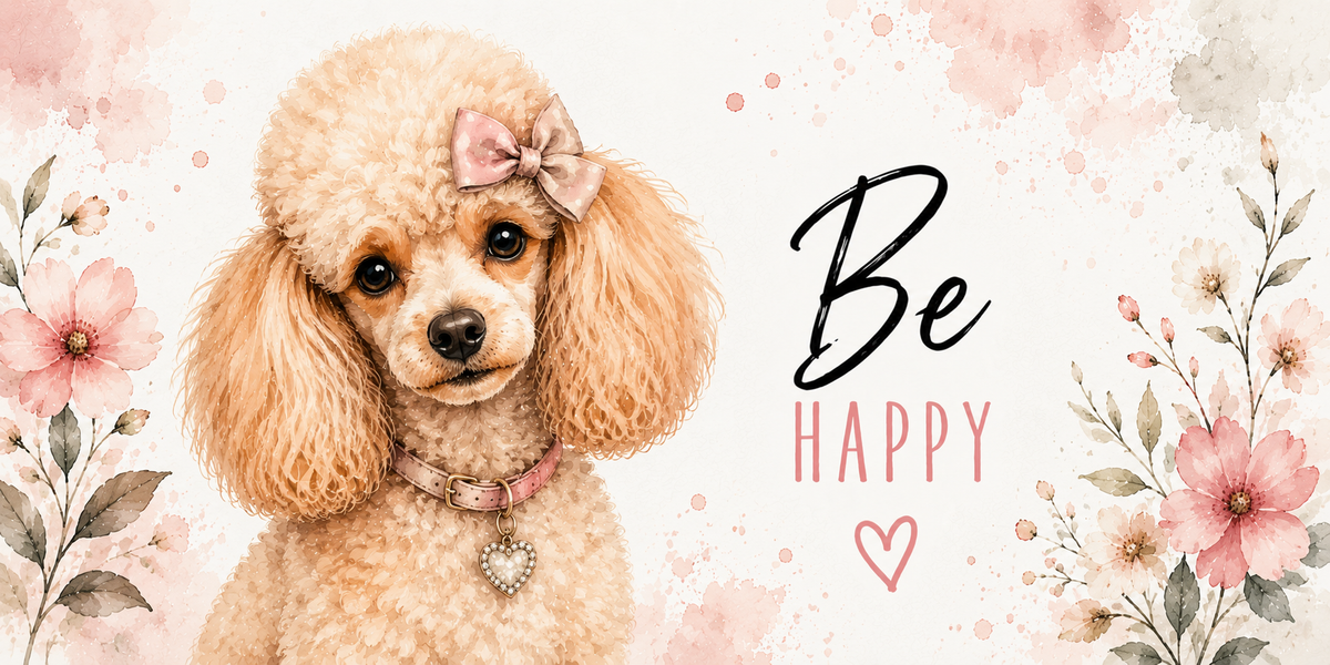 Visuel caniche Be Happy : caniche abricot bouclé, nœud rose sur la tête, collier à pendentif, fleurs roses