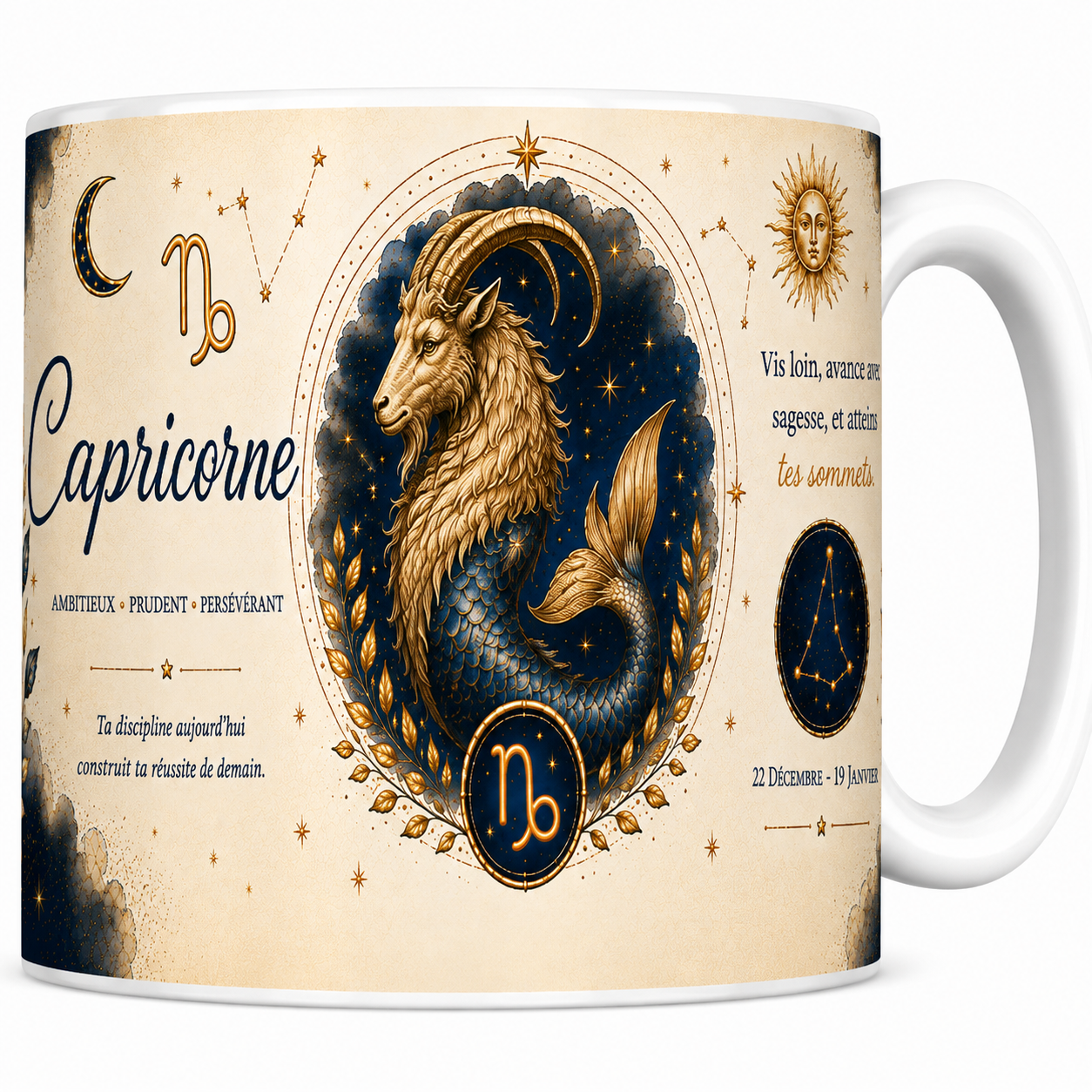 Mug astrologie Capricorne en céramique, chèvre-poisson dorée et constellation sur fond nuit