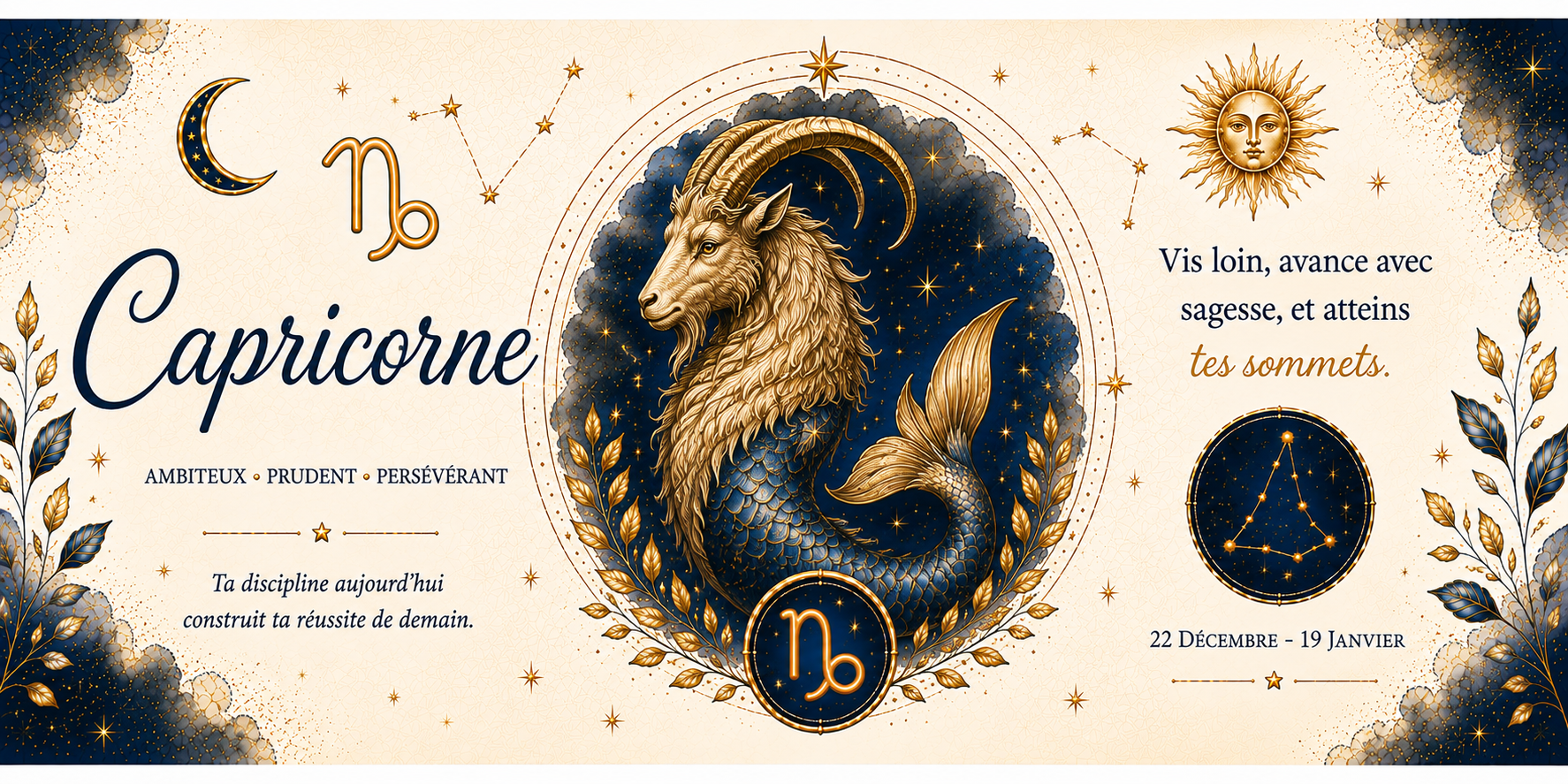 Visuel Capricorne, signe de Terre : ambitieux, prudent, persévérant et 22 décembre - 19 janvier
