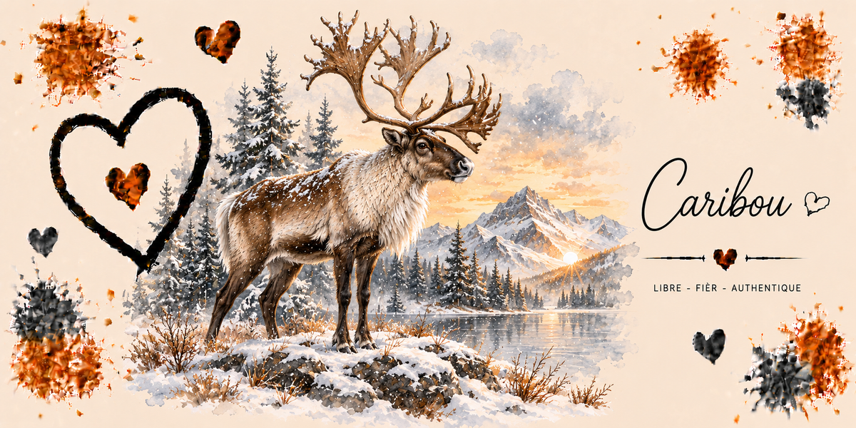 Design du mug Caribou : caribou au bord d'un lac boréal à l'aube, sapins enneigés, cœur noir et taches dorées