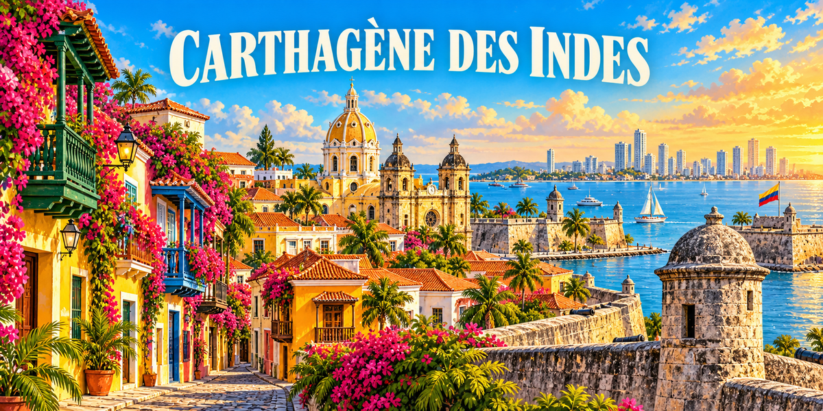 Illustration affiche vintage Carthagène des Indes : balcons de bois fleuris, coupoles de la vieille ville, murailles et garita, tours de Bocagrande