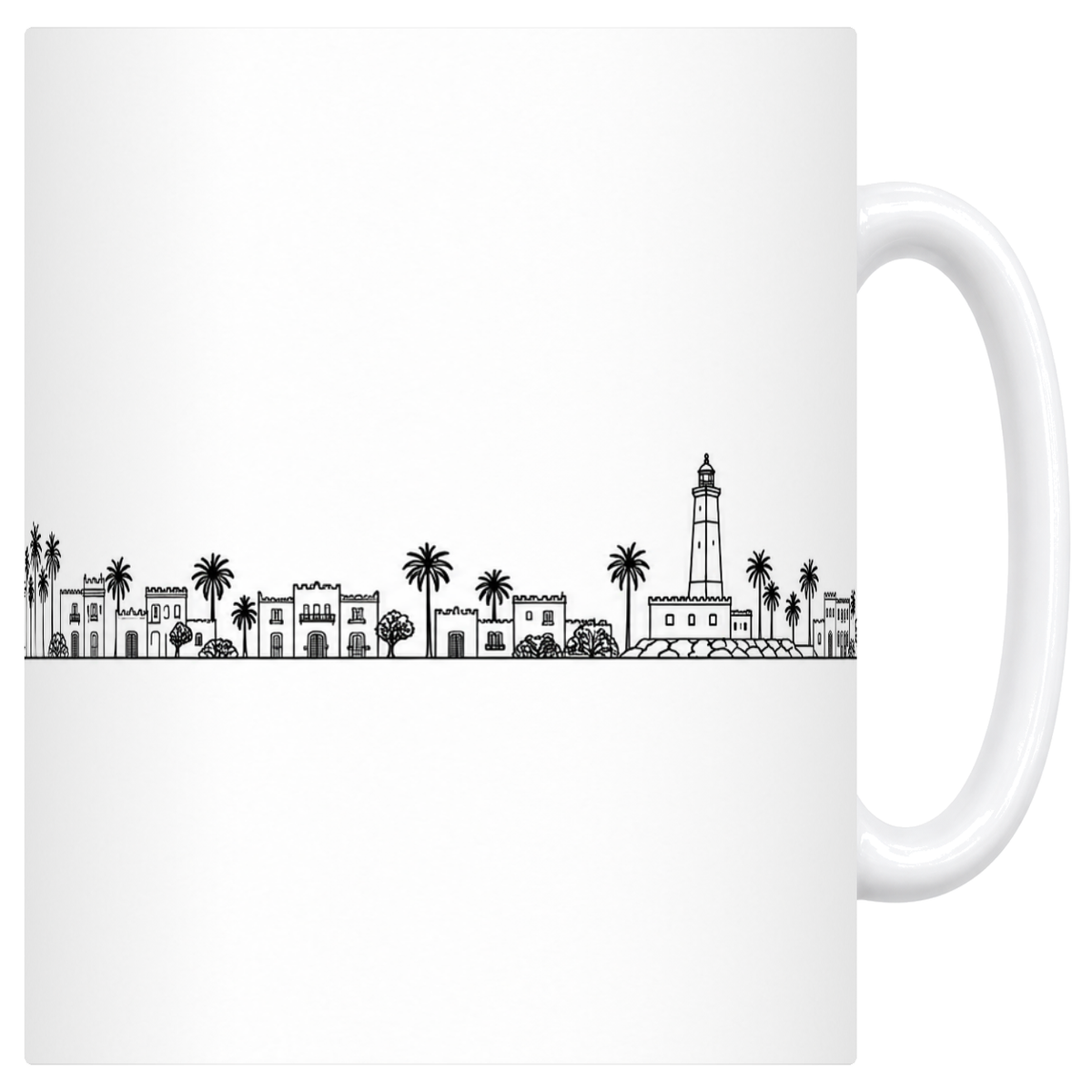Mug blanc en céramique 330 ml illustré du skyline de Casablanca au trait noir : l'édifice officiel à porte monumentale, les maisons blanches de la médina et le phare d'El Hank