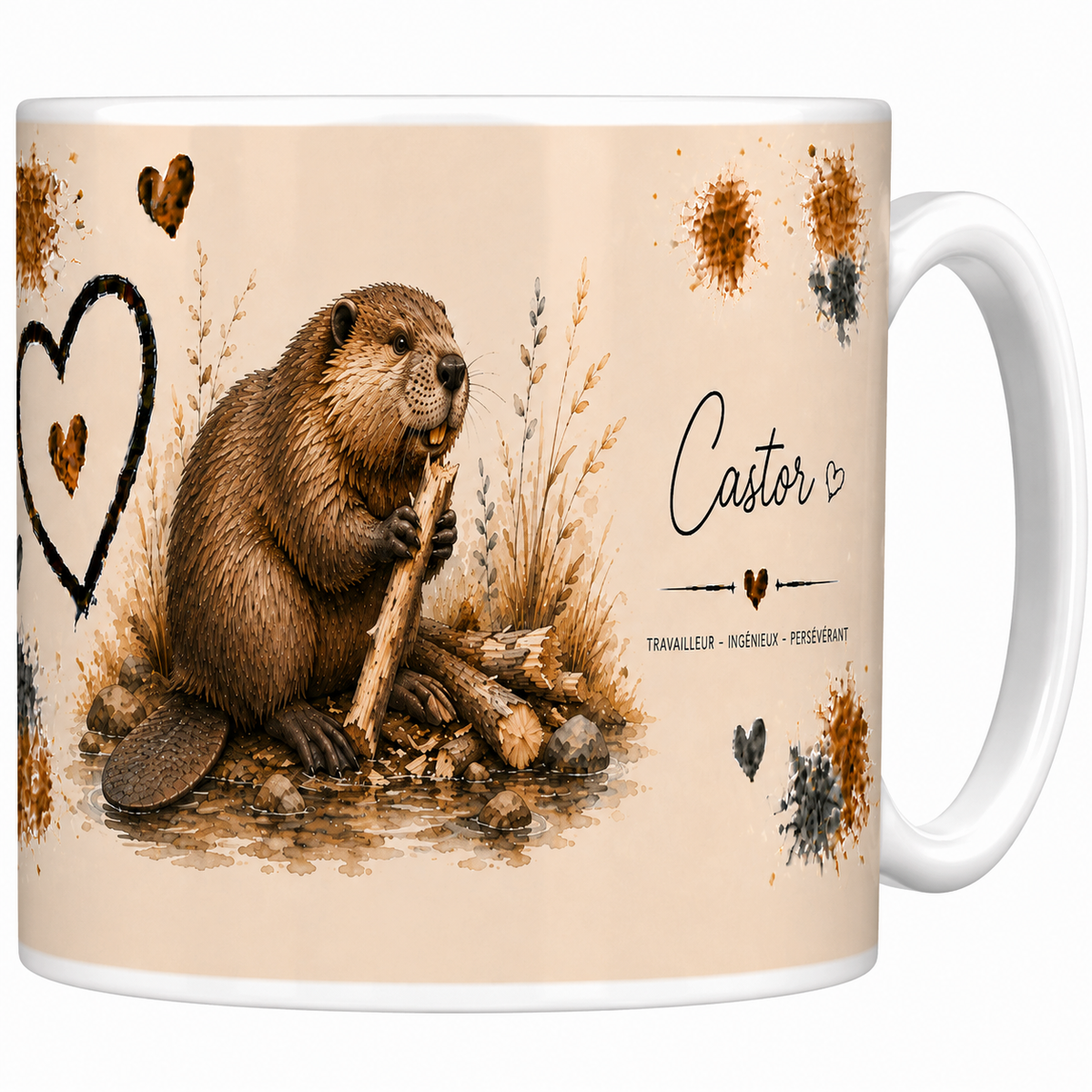 Mug céramique blanc Castor « Travailleur, ingénieux, persévérant » : castor sur son barrage, grand cœur