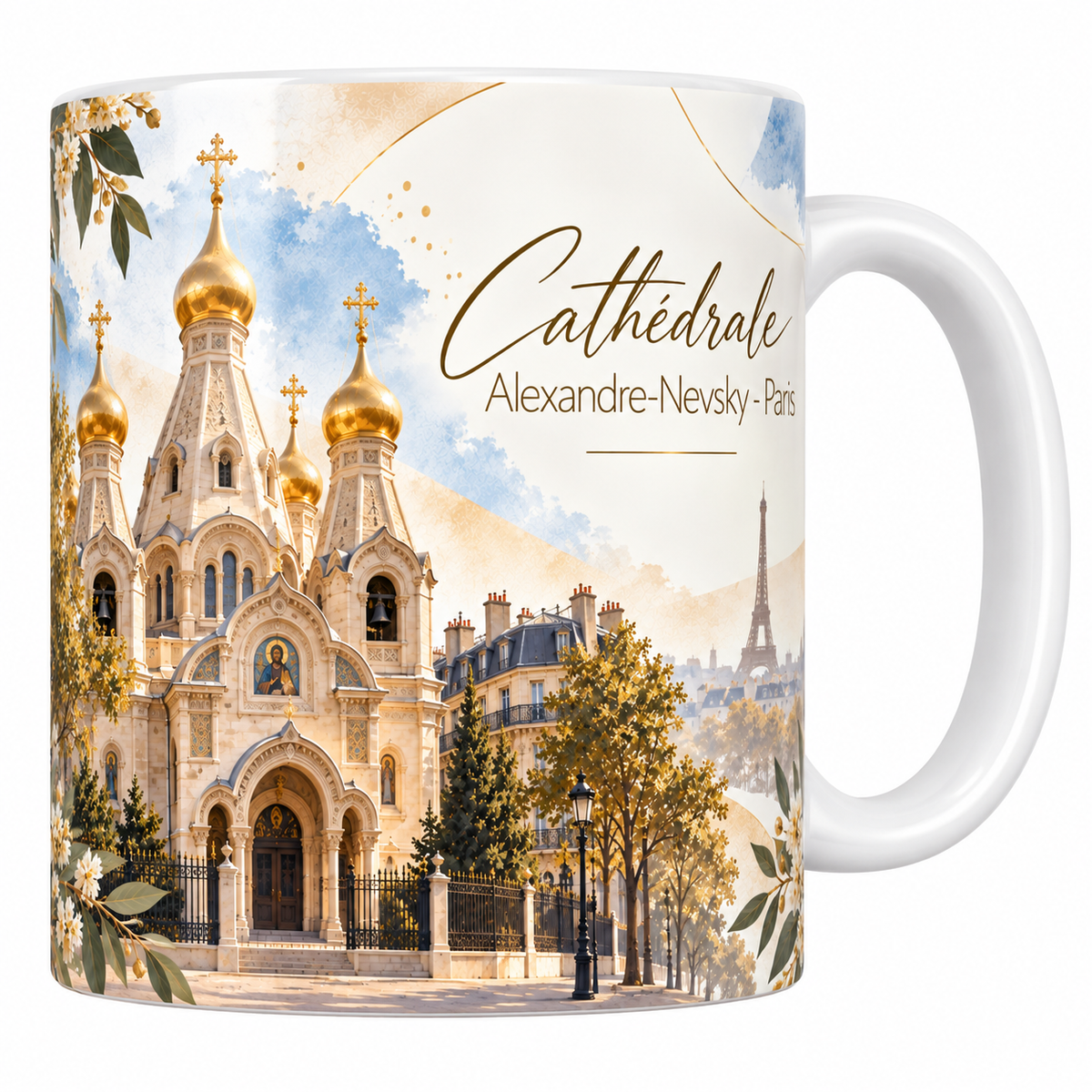 Mug céramique blanche 330 ml illustré de la cathédrale Saint-Alexandre-Nevsky à Paris à l'aquarelle, ses cinq bulbes dorés et ses croix orthodoxes, son porche à mosaïque et sa grille en fer forgé, un réverbère parisien et le titre Cathédrale Alexandre-Nevsky - Paris en lettres dorées
