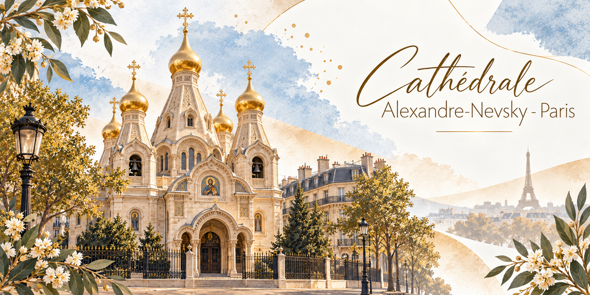 Visuel aquarellé de la cathédrale Saint-Alexandre-Nevsky rue Daru à Paris, sa façade de pierre blanche surmontée de cinq bulbes dorés portant des croix orthodoxes, son porche en arcade au décor de mosaïque, la grille en fer forgé et le réverbère noir du trottoir, les immeubles haussmanniens voisins et les arbres de la rue, la tour Eiffel au loin sur la droite, des fleurs blanches en bordure et le titre Cathédrale Alexandre-Nevsky - Paris en lettres dorées