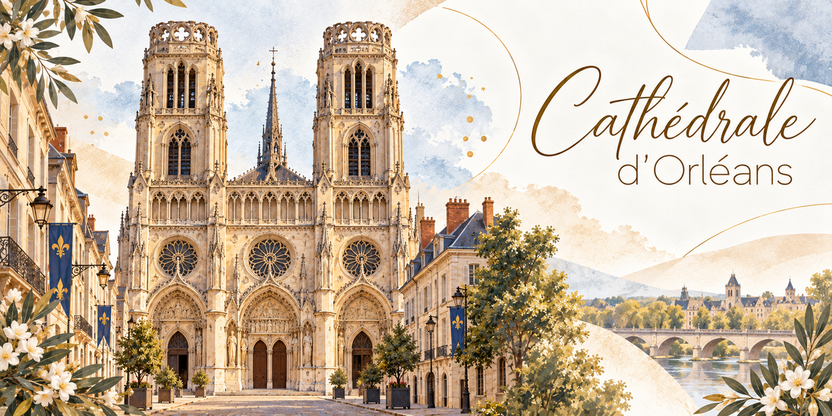 Visuel aquarellé de la cathédrale Sainte-Croix d'Orléans vue de face, sa façade aux deux tours ajourées couronnées de pinacles et la flèche de la croisée entre elles, ses deux grandes rosaces et ses trois porches, les lampadaires portant des drapeaux bleus à fleur de lys, la rue pavée et les arbres du parvis, la Loire et son pont au fond, des fleurs blanches en bordure et le titre Cathédrale d'Orléans en lettres dorées