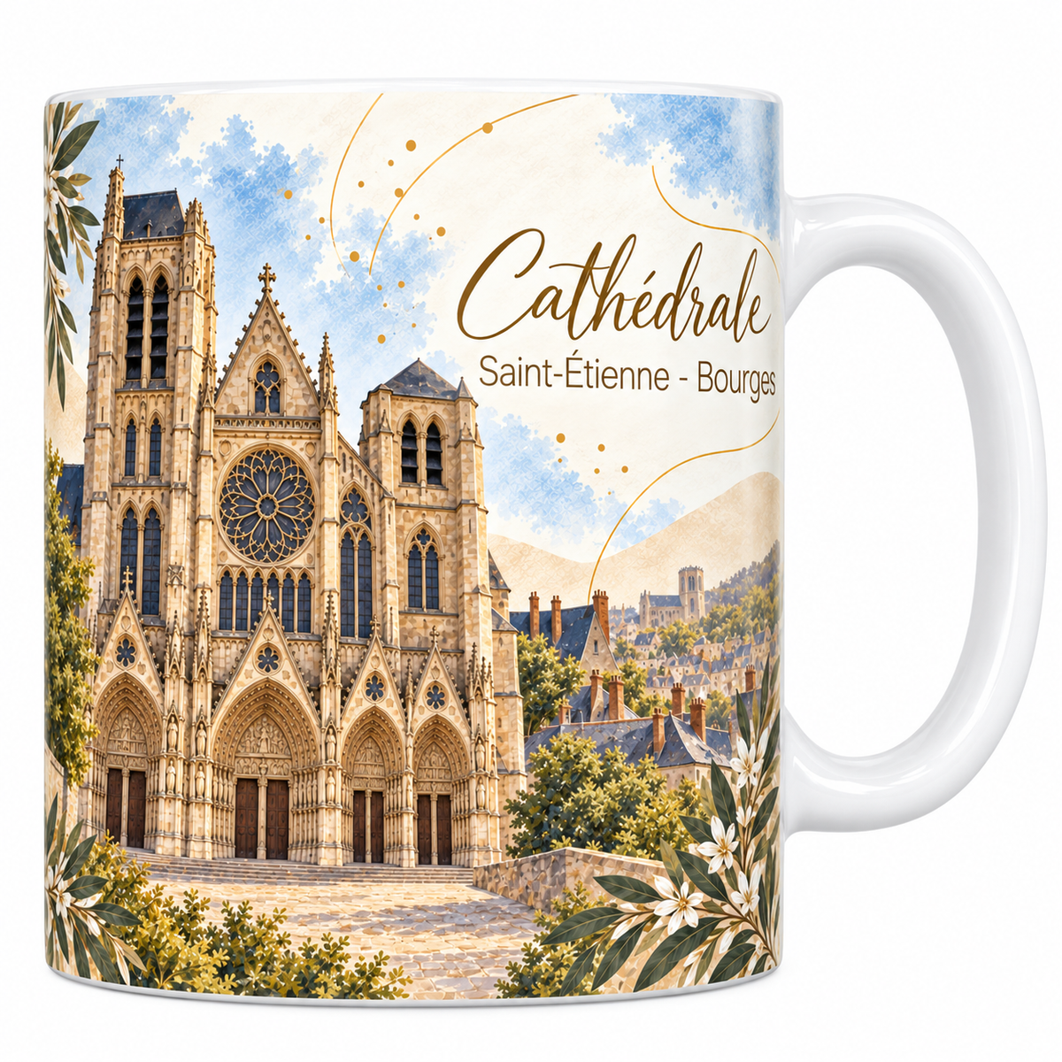 Mug céramique blanche 330 ml illustré de la cathédrale Saint-Étienne de Bourges à l'aquarelle, sa façade aux cinq portails et sa grande rose, les toits de la ville en contrebas, un feuillage d'olivier et le titre Cathédrale Saint-Étienne - Bourges en lettres dorées