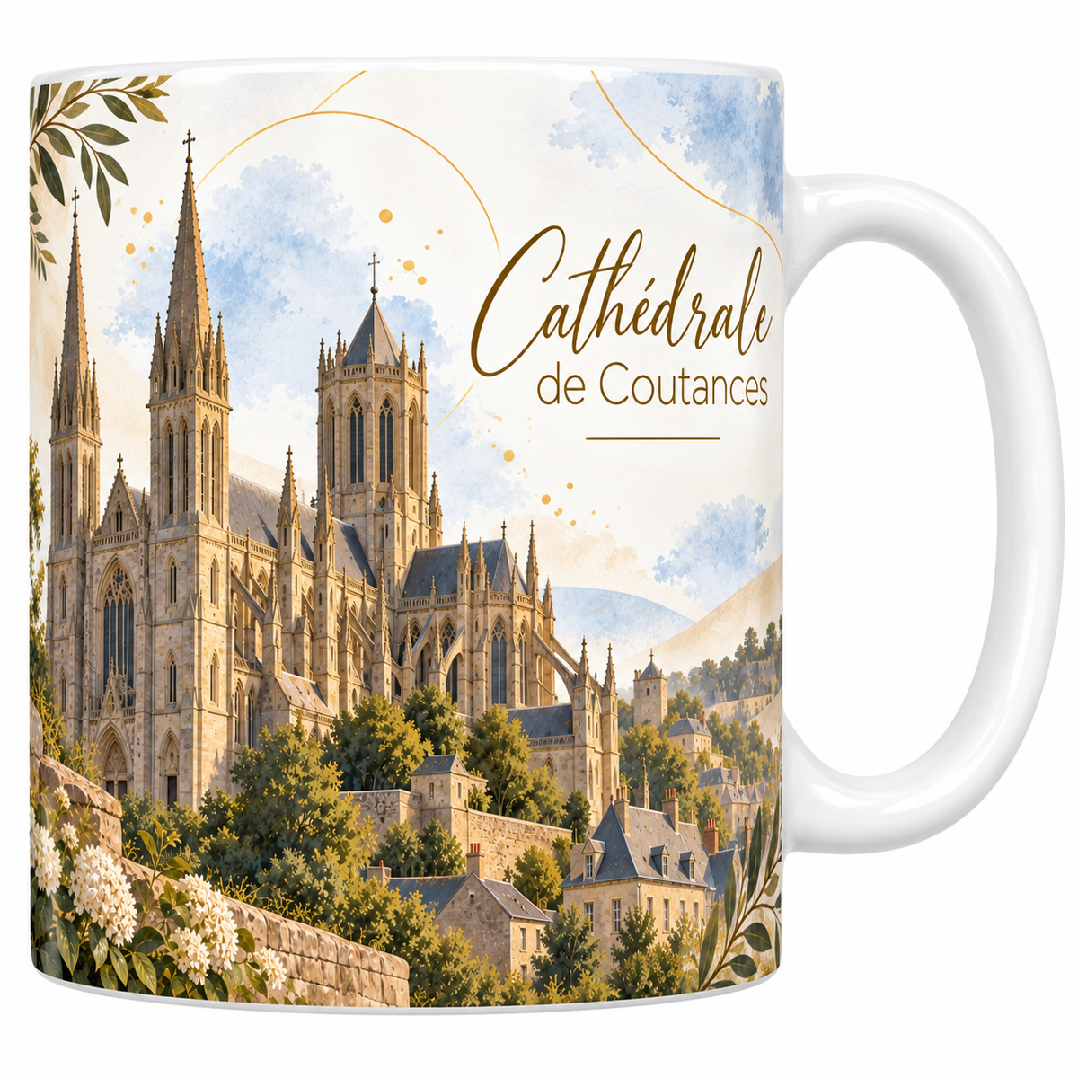 Mug céramique blanche 330 ml illustré de la cathédrale de Coutances à l'aquarelle, ses deux flèches élancées et sa tour-lanterne carrée, les toits d'ardoise du bourg en contrebas, des hortensias blancs et le titre Cathédrale de Coutances en lettres dorées