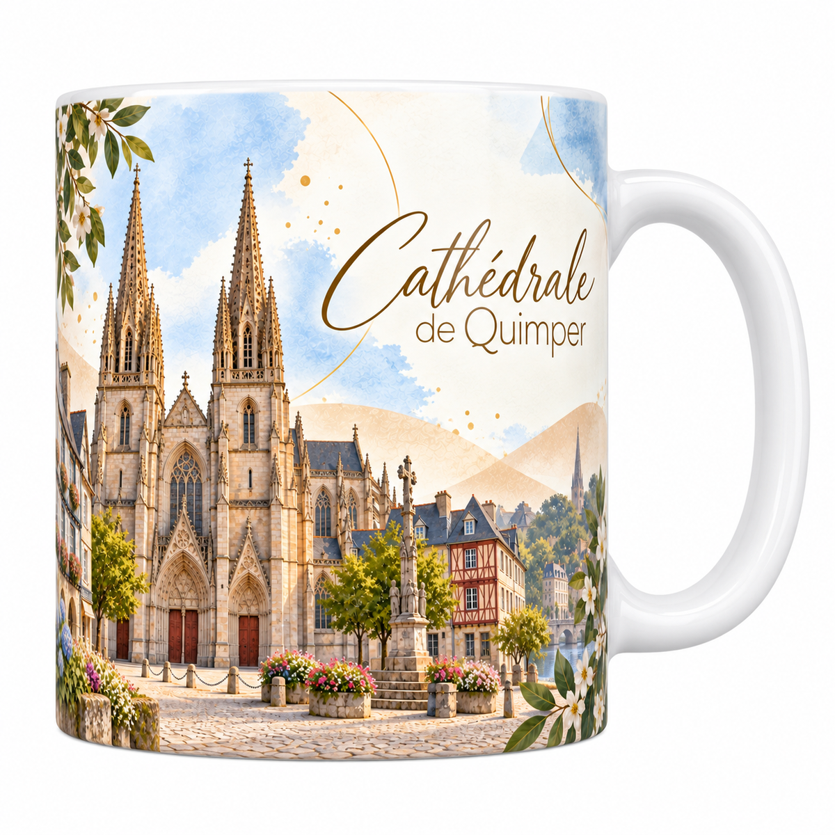 Mug céramique blanche 330 ml illustré de la cathédrale Saint-Corentin de Quimper à l'aquarelle, ses deux flèches ajourées et la galerie qui les relie, les maisons à pans de bois de la place pavée, des hortensias bleus et le titre Cathédrale de Quimper en lettres dorées