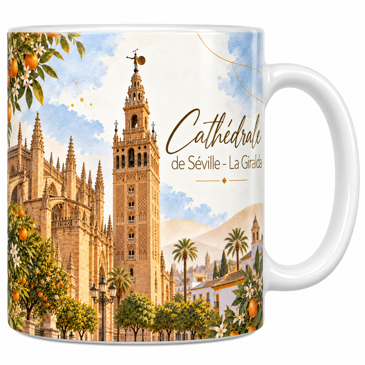 Mug céramique blanche 330 ml illustré de la cathédrale de Séville à l'aquarelle, son chevet gothique aux arcs-boutants et la Giralda à décor géométrique surmontée de son beffroi, des orangers chargés de fruits, des palmiers et le titre Cathédrale de Séville - La Giralda en lettres dorées