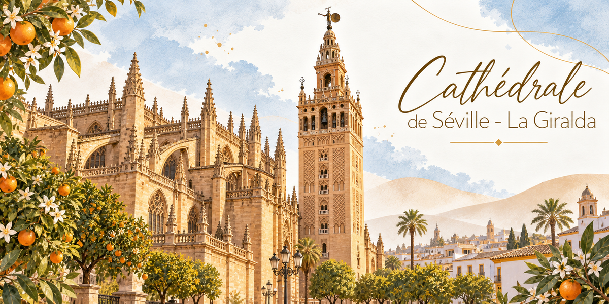 Visuel aquarellé de la cathédrale de Séville, son chevet gothique hérissé d'arcs-boutants et de pinacles à gauche, la Giralda dressée à droite avec son décor géométrique de briques et son beffroi Renaissance surmonté du Giraldillo, des orangers chargés de fruits au premier plan, des palmiers et les maisons blanches du quartier, les collines andalouses à l'horizon, des feuillages en bordure et le titre Cathédrale de Séville - La Giralda en lettres dorées