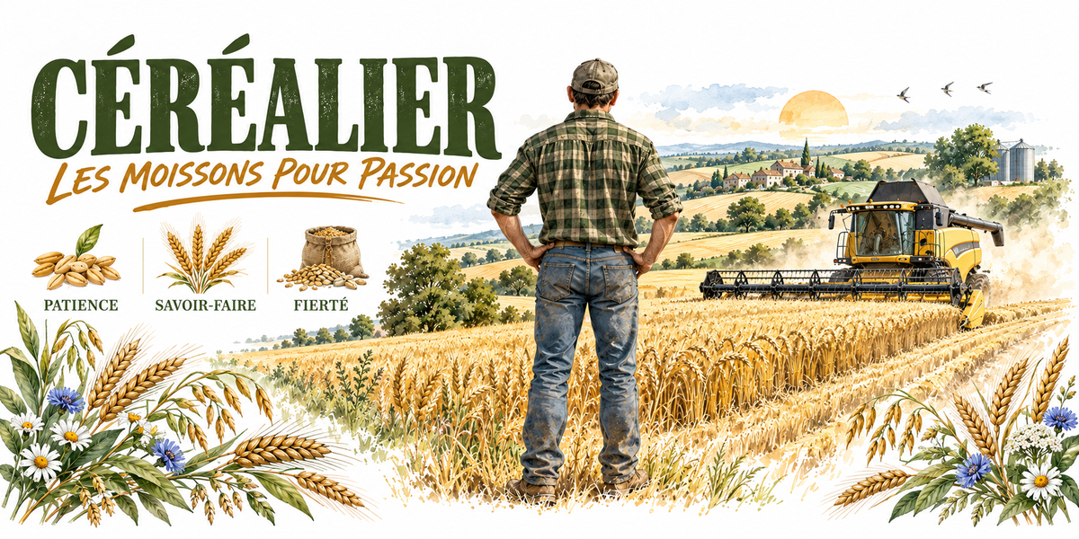 Aquarelle céréalier : le mot CÉRÉALIER en capitales vert foncé et la mention manuscrite Les Moissons pour Passion, un céréalier en chemise à carreaux et casquette vu de dos, champ de blé mûr moissonné en bandes, moissonneuse-batteuse jaune au travail dans la poussière, silo et village au loin, hirondelles et soleil bas, trois vignettes — épi patience, gerbe savoir-faire, coquelicot fierté — et une bordure d'épis, de coquelicots et de bleuets