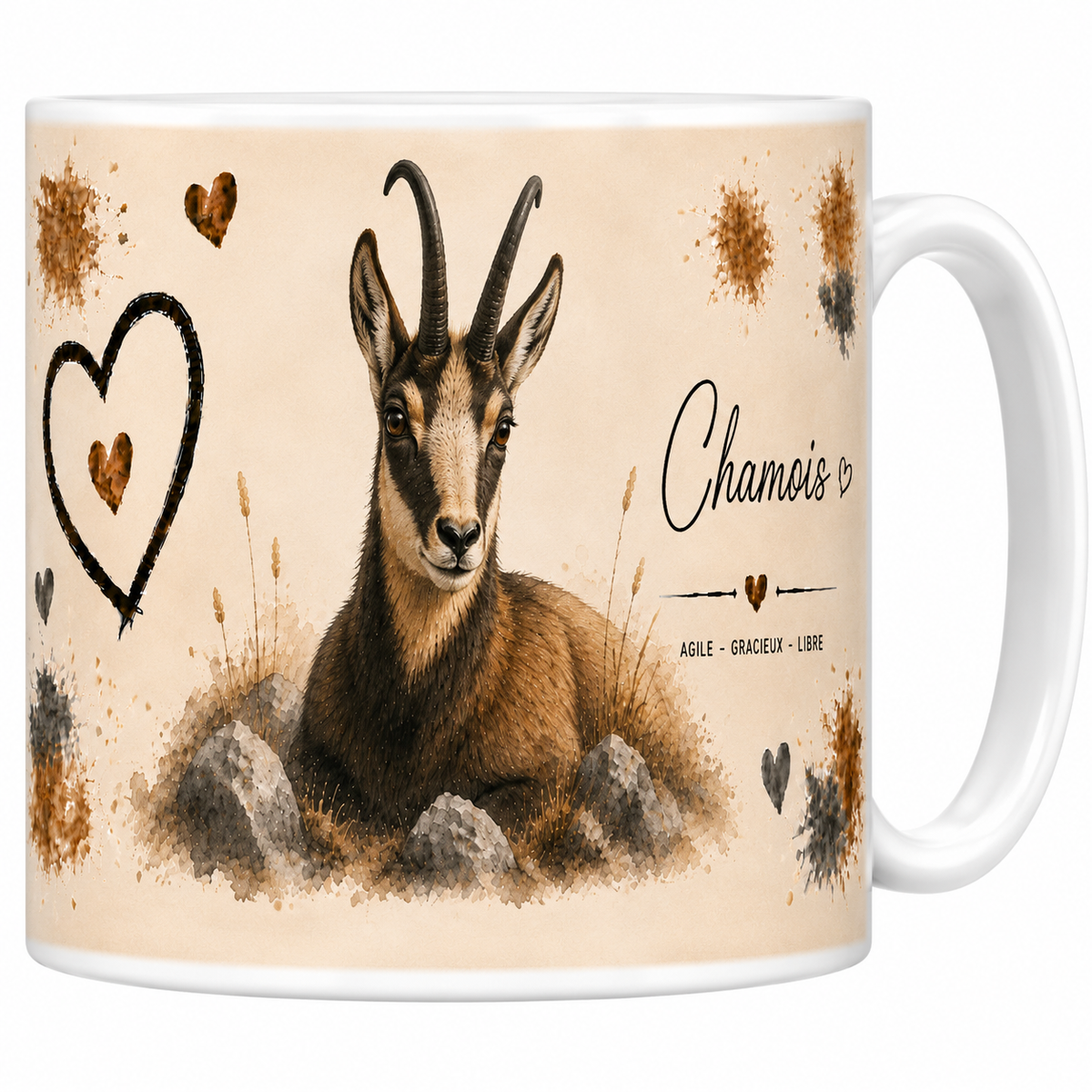 Mug céramique blanc Chamois « Agile, gracieux, libre » : chamois couché dans les rochers, grand cœur
