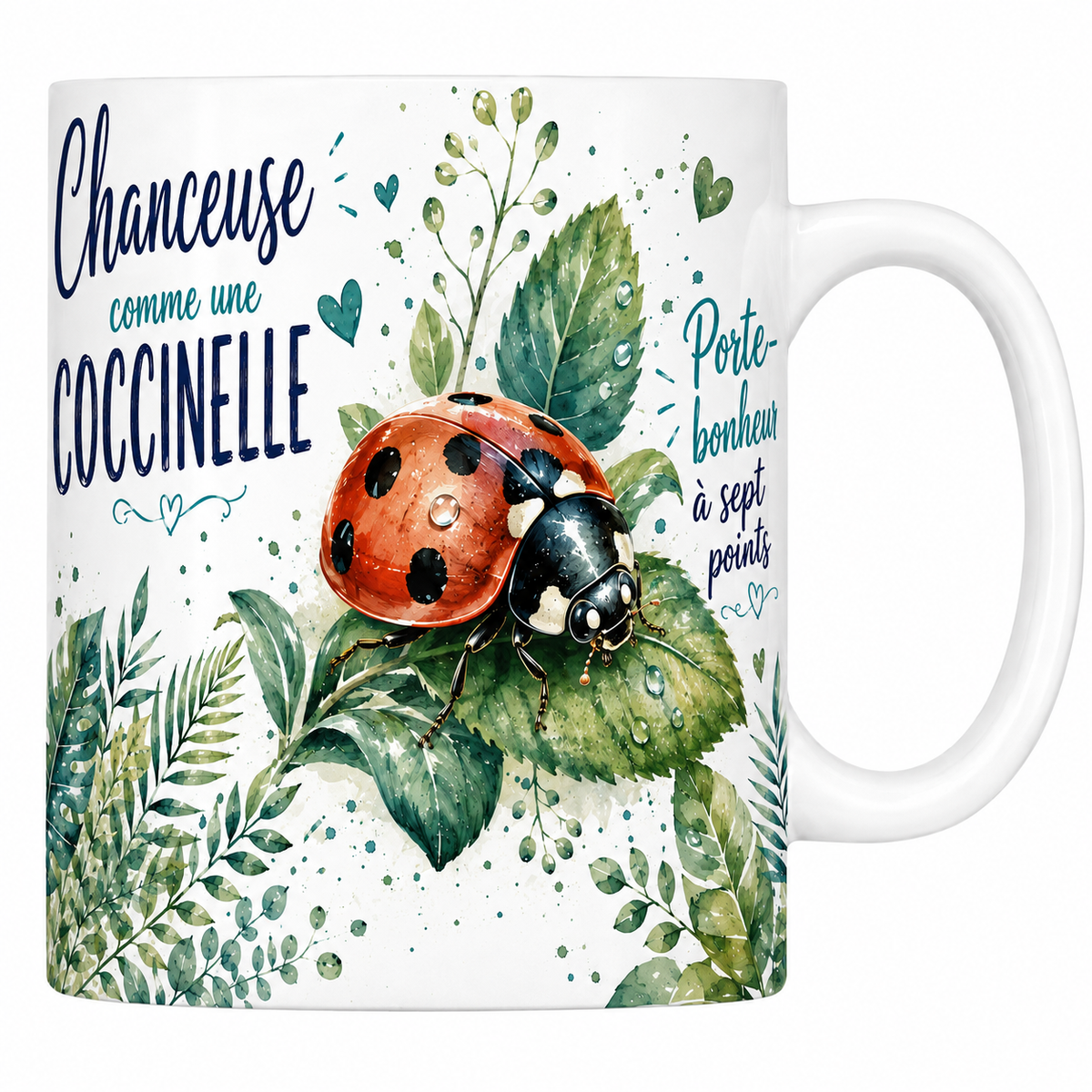 Mug céramique blanc « Chanceuse comme une coccinelle », coccinelle sur une feuille à l'aquarelle