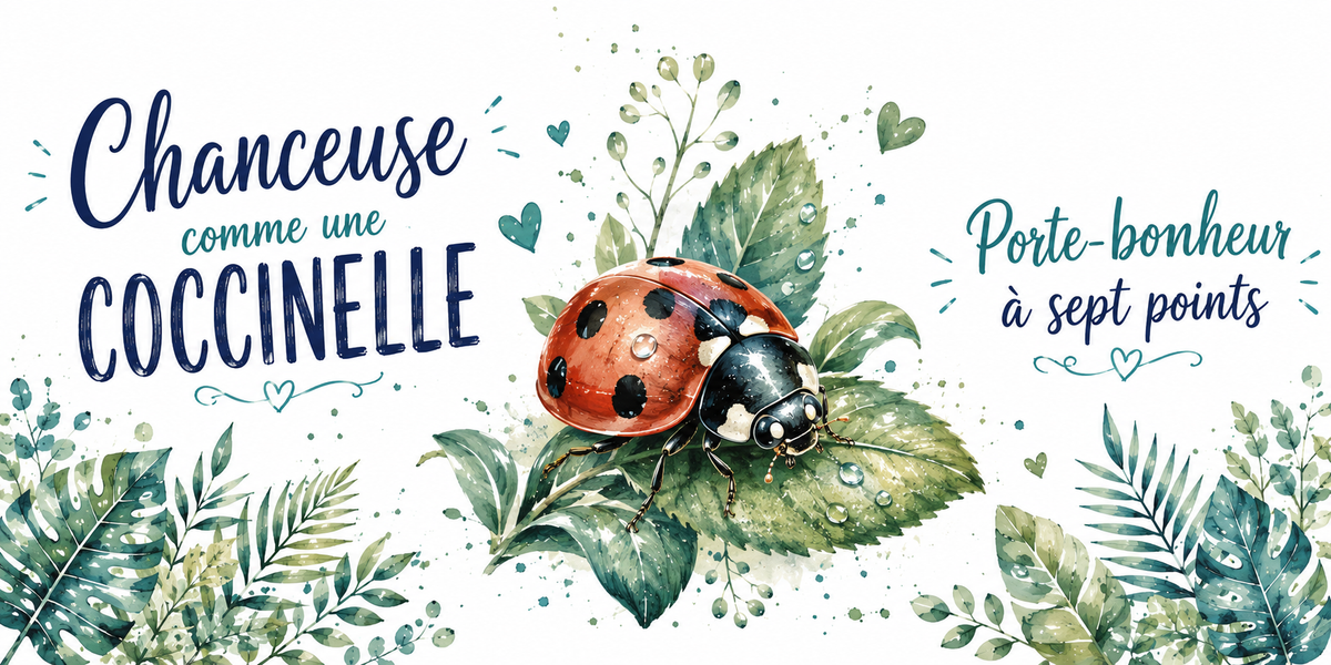 Coccinelle sur une feuille perlée de rosée à l'aquarelle : « Chanceuse. Porte-bonheur à sept points »