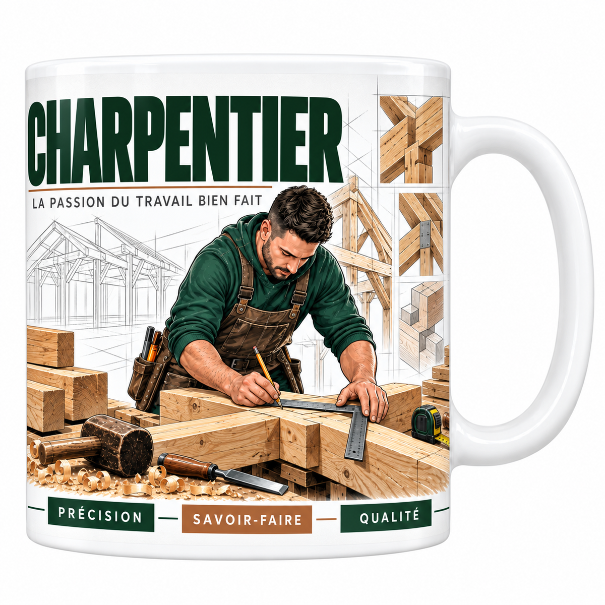 Mug céramique 330 ml « Charpentier, la passion du travail bien fait » : illustration technique d'un charpentier taillant une poutre à l'établi