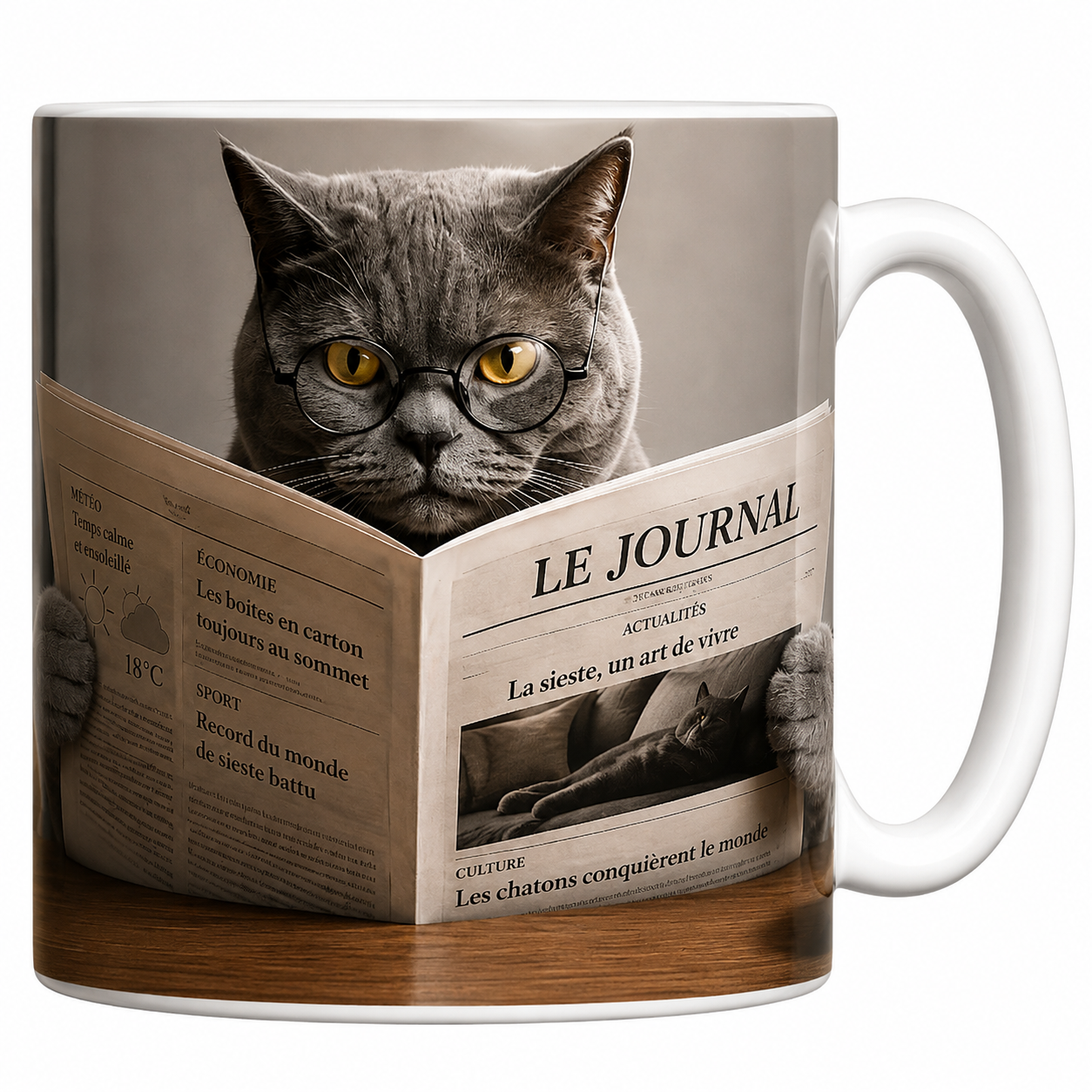 Mug chat au journal en céramique blanche, chartreux à lunettes lisant Le Journal, mug noir à empreinte