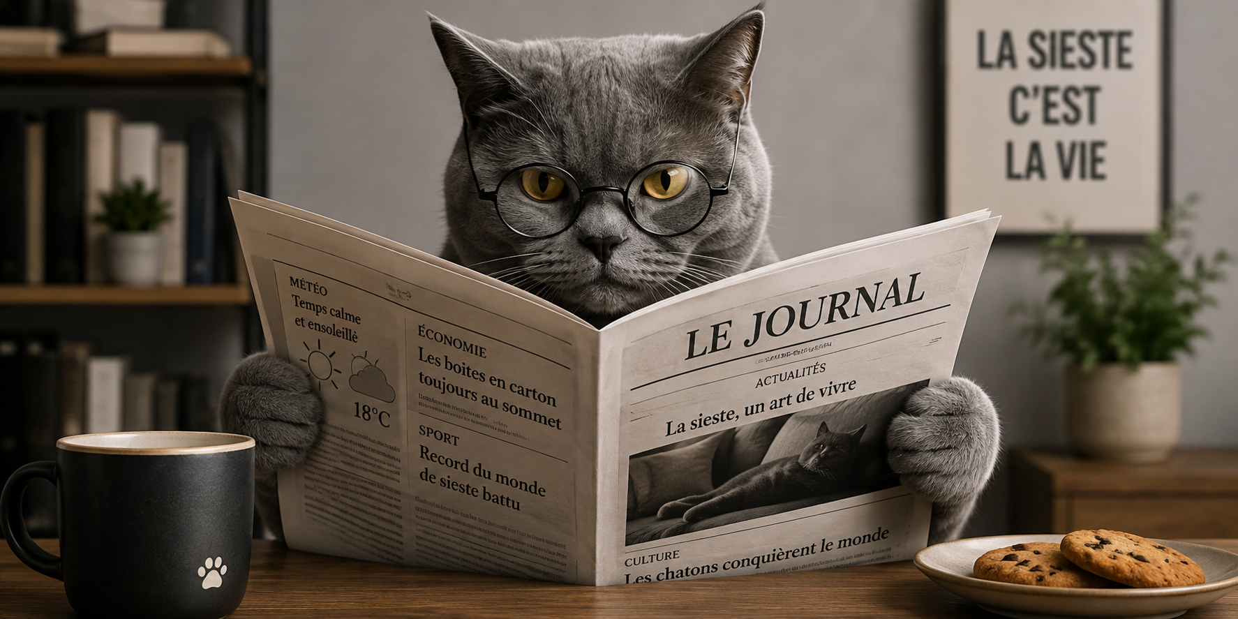 Visuel chat au journal : gros titres Les boîtes en carton toujours au sommet et La sieste un art de vivre