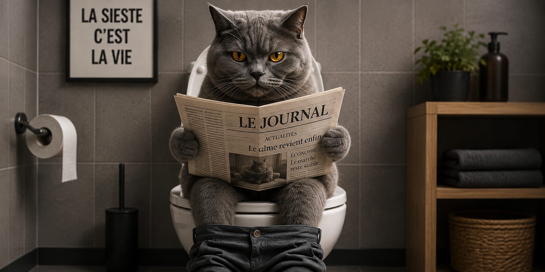 Visuel chat aux toilettes : chartreux sur la cuvette lisant Le Journal, gros titre Le calme revient enfin