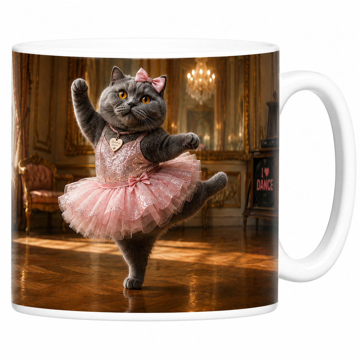 Mug chat ballerine en céramique blanche, chartreux en tutu rose pailleté sous le lustre