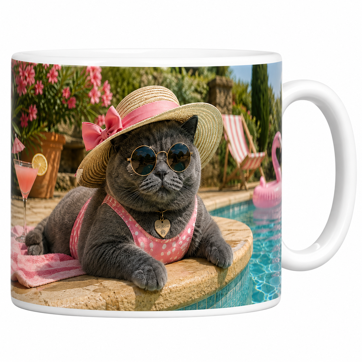 Mug chat La Reine en céramique blanche, chartreux en lunettes de soleil au bord de la piscine