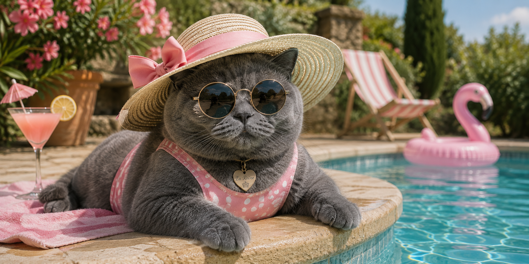 Visuel chat reine de la piscine : chartreux en lunettes, bouée flamant rose et farniente d'été au soleil