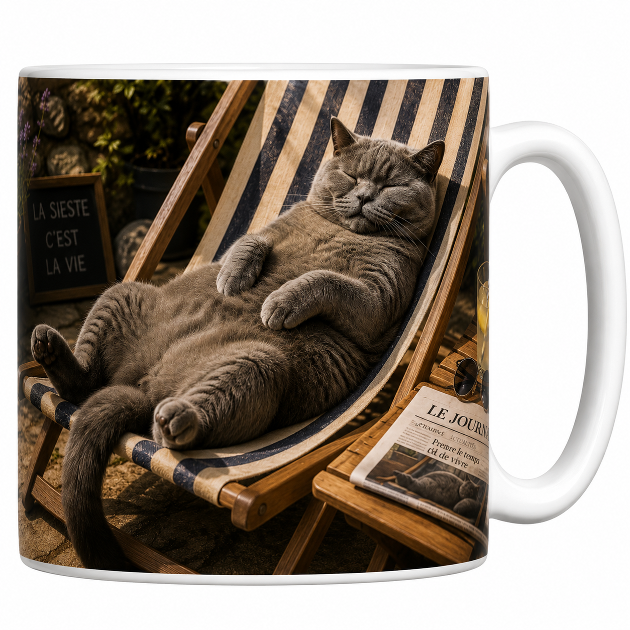 Mug chat sieste en céramique blanche, chartreux assoupi sur transat rayé et ardoise La sieste c'est la vie