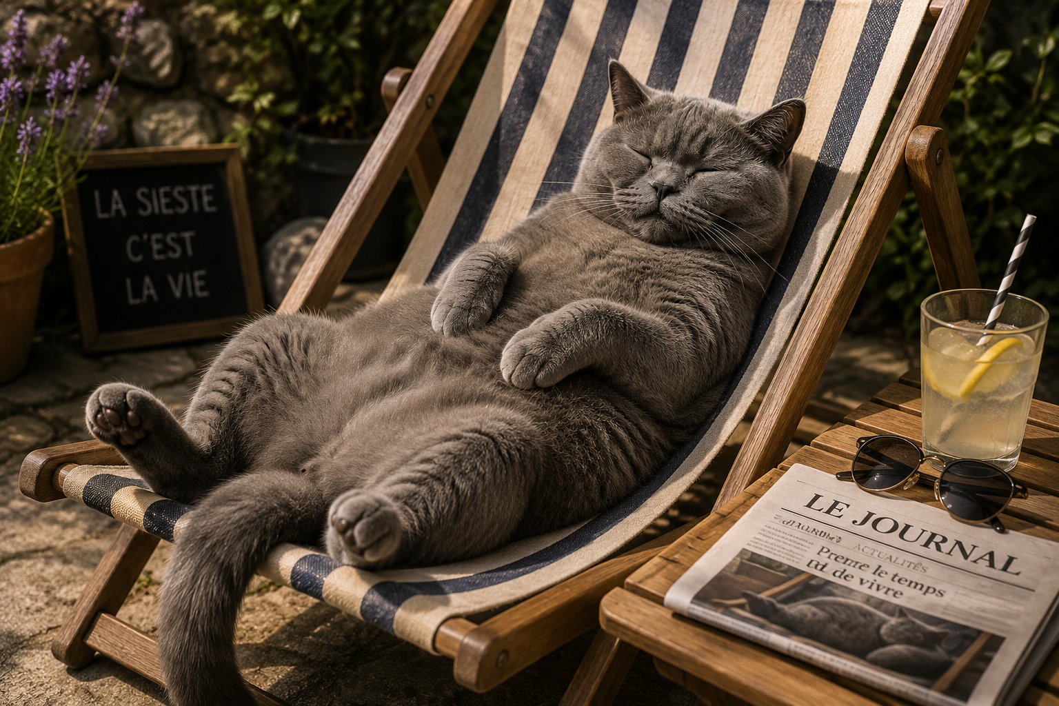 Visuel chat sieste : chartreux endormi en transat rayé, ardoise La sieste c'est la vie, citronnade et lavande