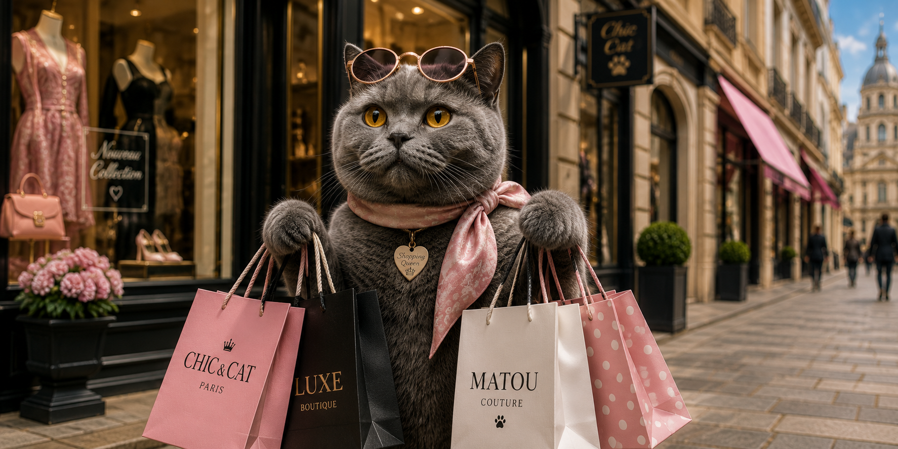 Visuel chat Shopping Queen : chartreux et ses sacs devant les vitrines Chic & Cat et Matou Couture