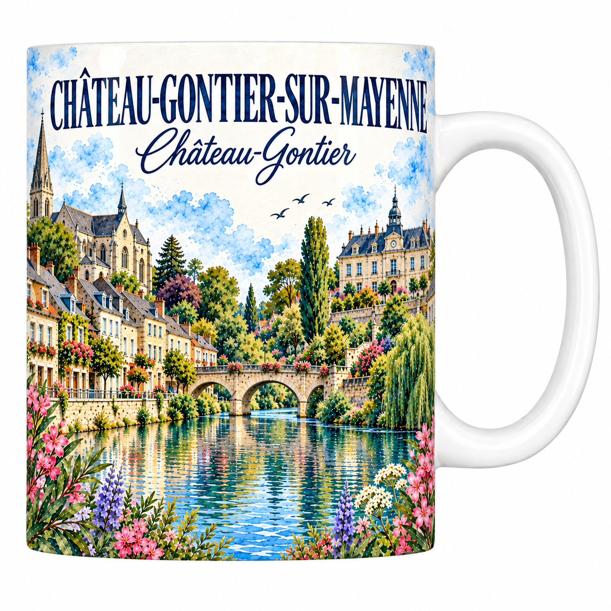 Mug en céramique blanche 330 ml illustré à l'aquarelle de Château-Gontier et de la Mayenne