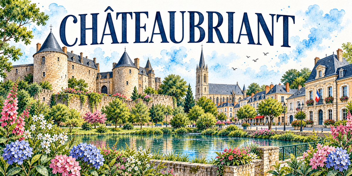 Illustration aquarelle de Châteaubriant : château et ses tours rondes à toits d'ardoise en poivrière au-dessus des remparts, clocher, hôtel de ville et son drapeau, plan d'eau et quai de pierre, hortensias bleus et roses